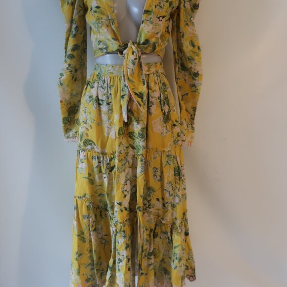 Womens Hemant & Nandita Yellow Green 2 Pc Set Floral Print Cropped Top Skirt S - Picture 6 of 16
